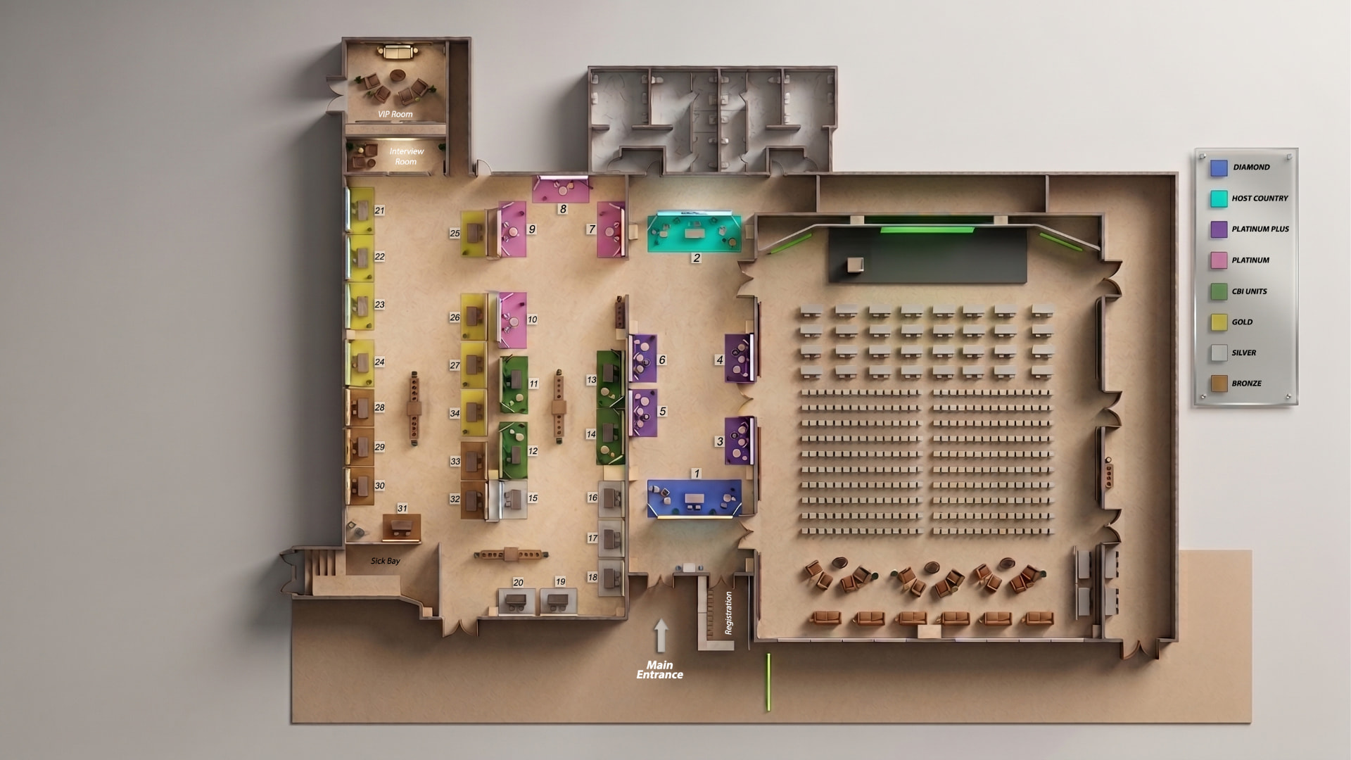 CIS'27 exhibition floor plan — booth layout by partnership tier, mainstage, VIP and interview rooms at the St. Kitts Marriott Resort