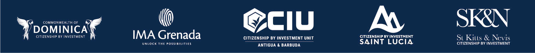 CIP programme logos: Commonwealth of Dominica, IMA Grenada, Antigua & Barbuda CIU, Saint Lucia CIP, St Kitts & Nevis